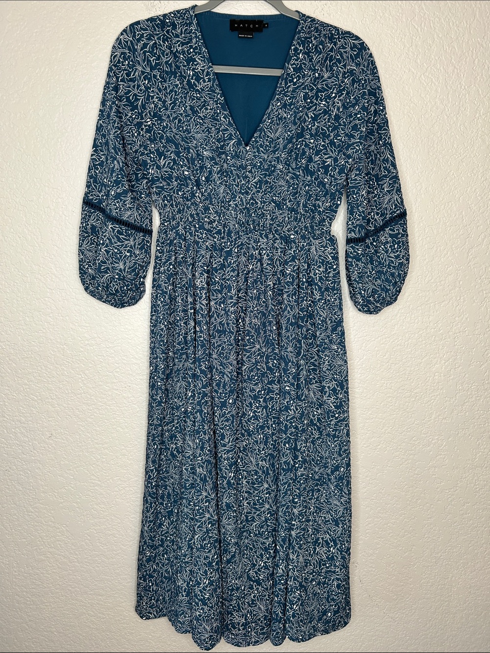 HATCH Blue Floral Smocked Maternity Midi Dress XS V Neck - Picture 2 of 7